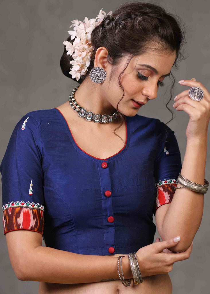 Exclusive Royal Blue Kala Ghoda Embroidered Blouse with Ikat Combination