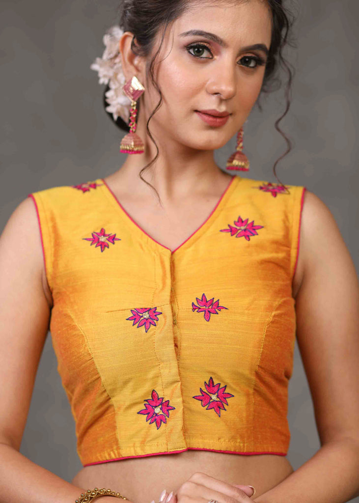 Exclusive Yellow Cotton Silk Sleevless Blouse with Overall Beautiful Floral Embroidery