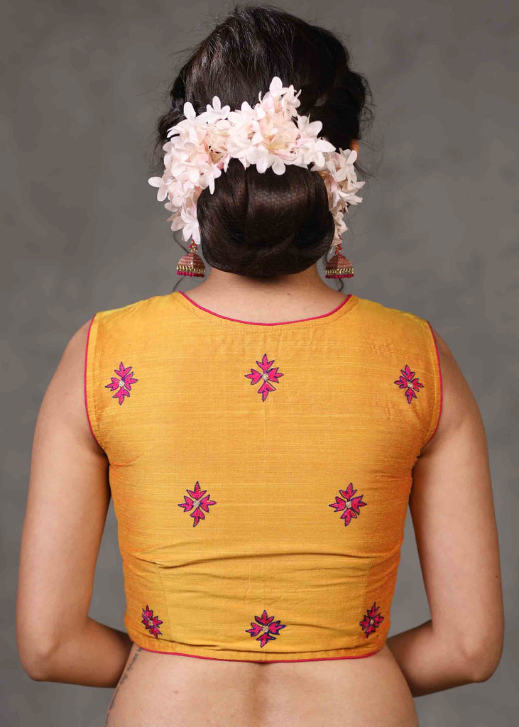 Exclusive Yellow Cotton Silk Sleevless Blouse with Overall Beautiful Floral Embroidery
