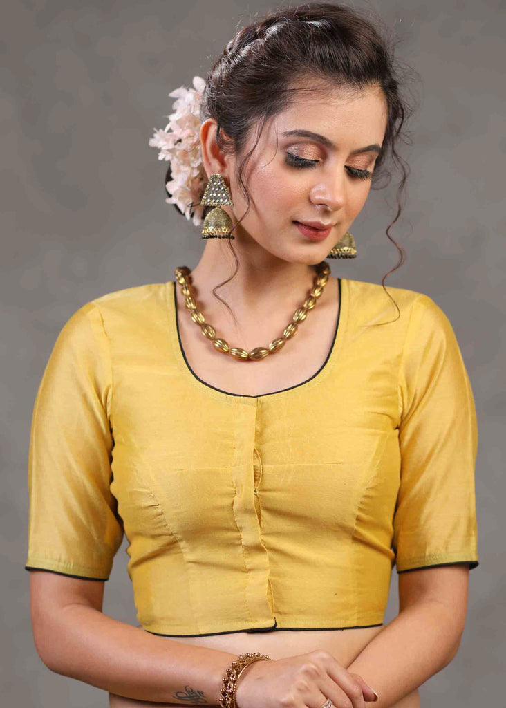 Classy Yellow Chanderi Blouse with Beautiful Cow Embroidered Motif on The Back