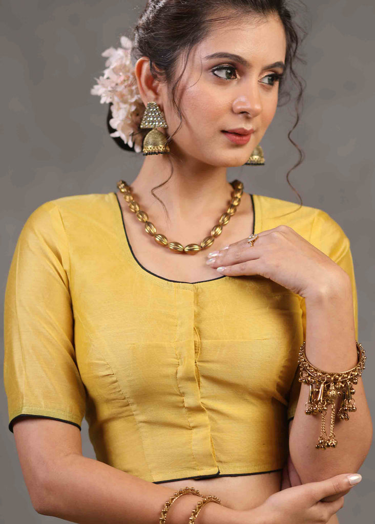 Classy Yellow Chanderi Blouse with Beautiful Cow Embroidered Motif on The Back