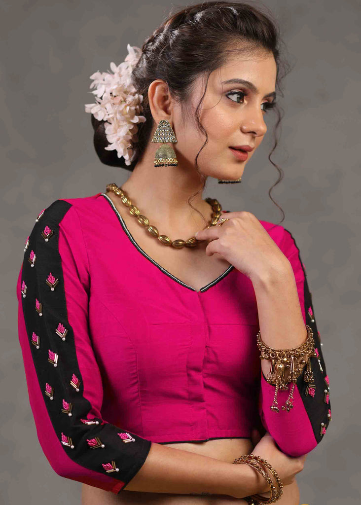 Elegant Magenta Cotton Silk Blouse with Black Patchwork Embroidered Sleeves