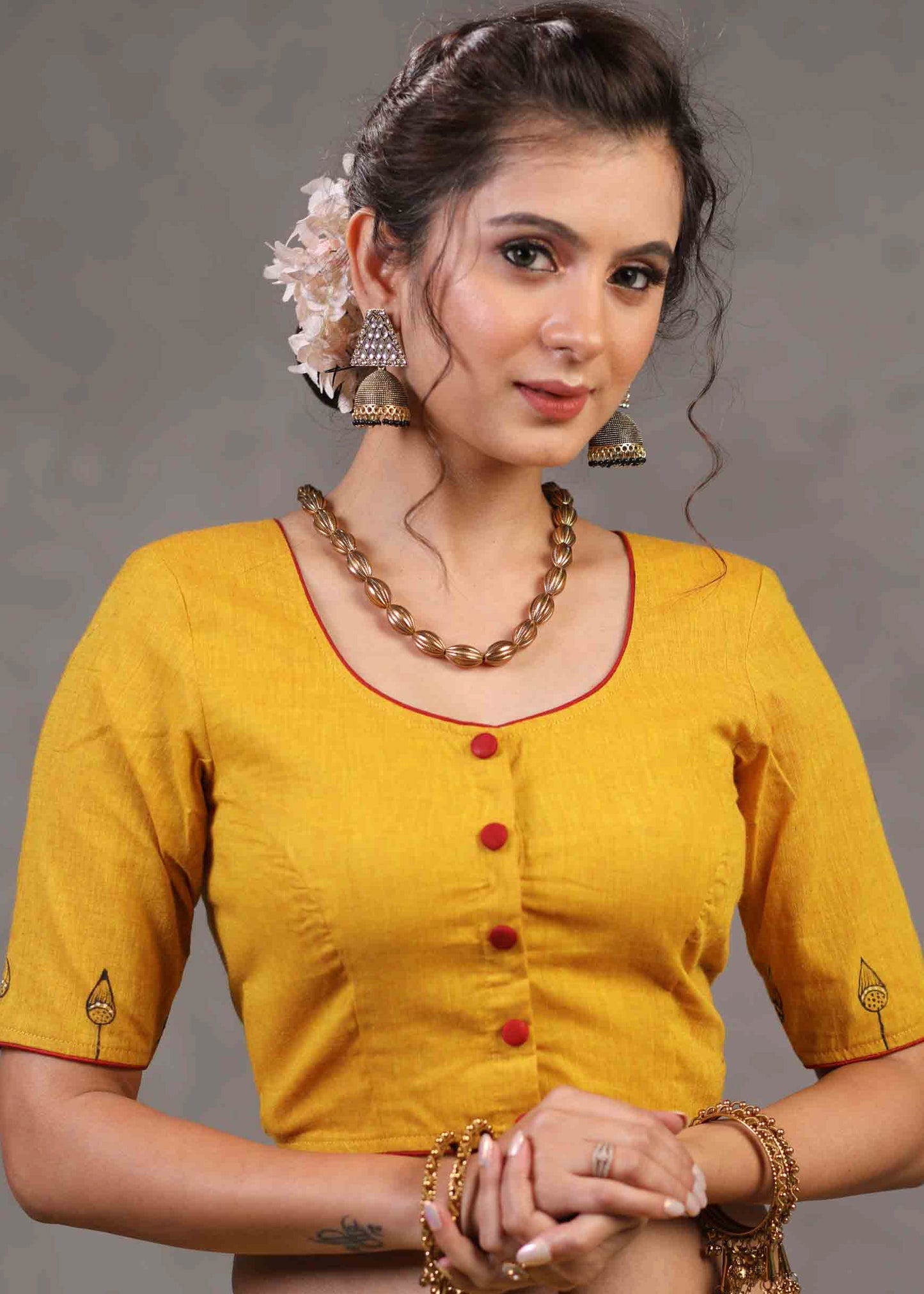 Beautiful Mustard Cotton Gond Painted Blouse