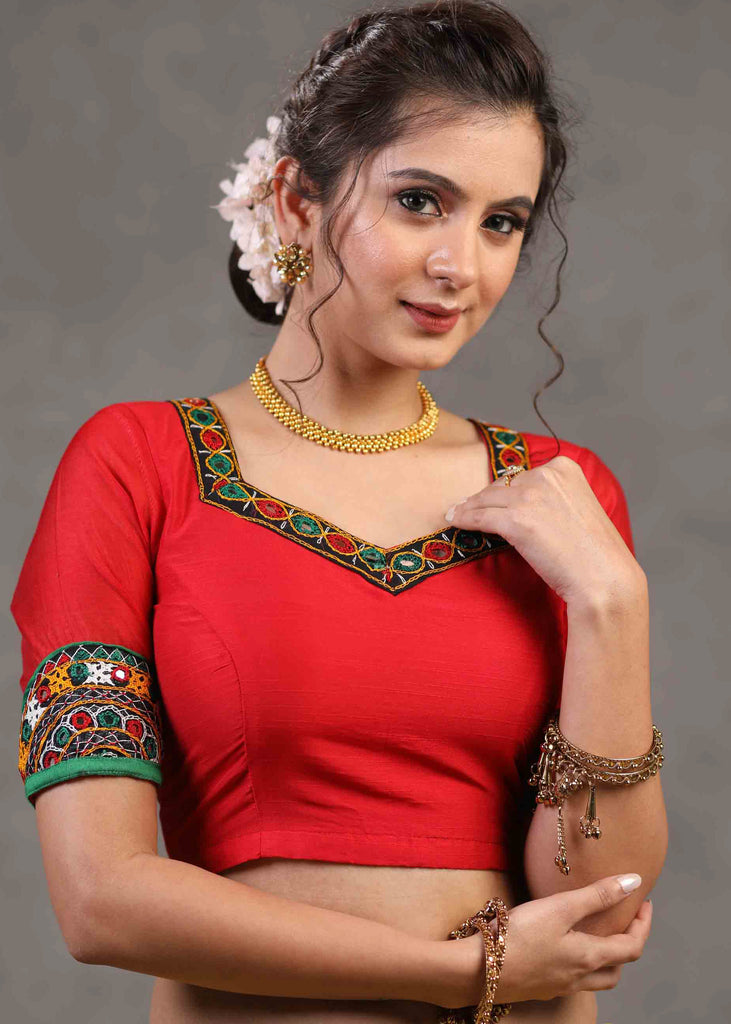 Elegant Red Cotton Silk Blouse Highlighted with Kutch Mirror Work Patch on Sleeves and Neckline