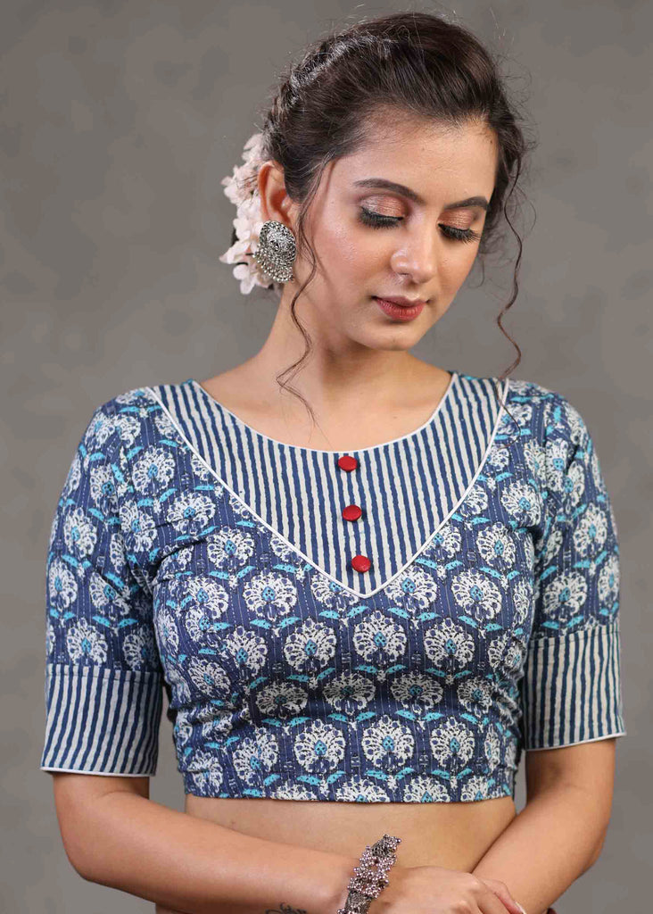 Trendy Floral Kantha Blouse with Stripes Combination on Neckline and Sleeves