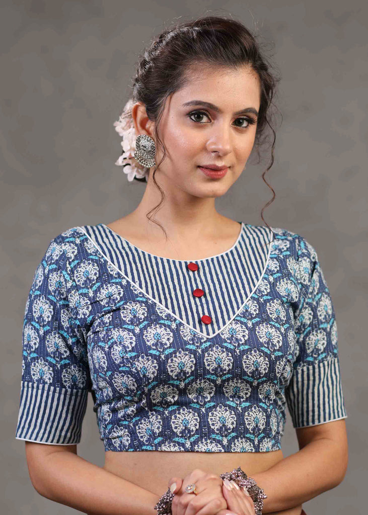 Trendy Floral Kantha Blouse with Stripes Combination on Neckline and Sleeves
