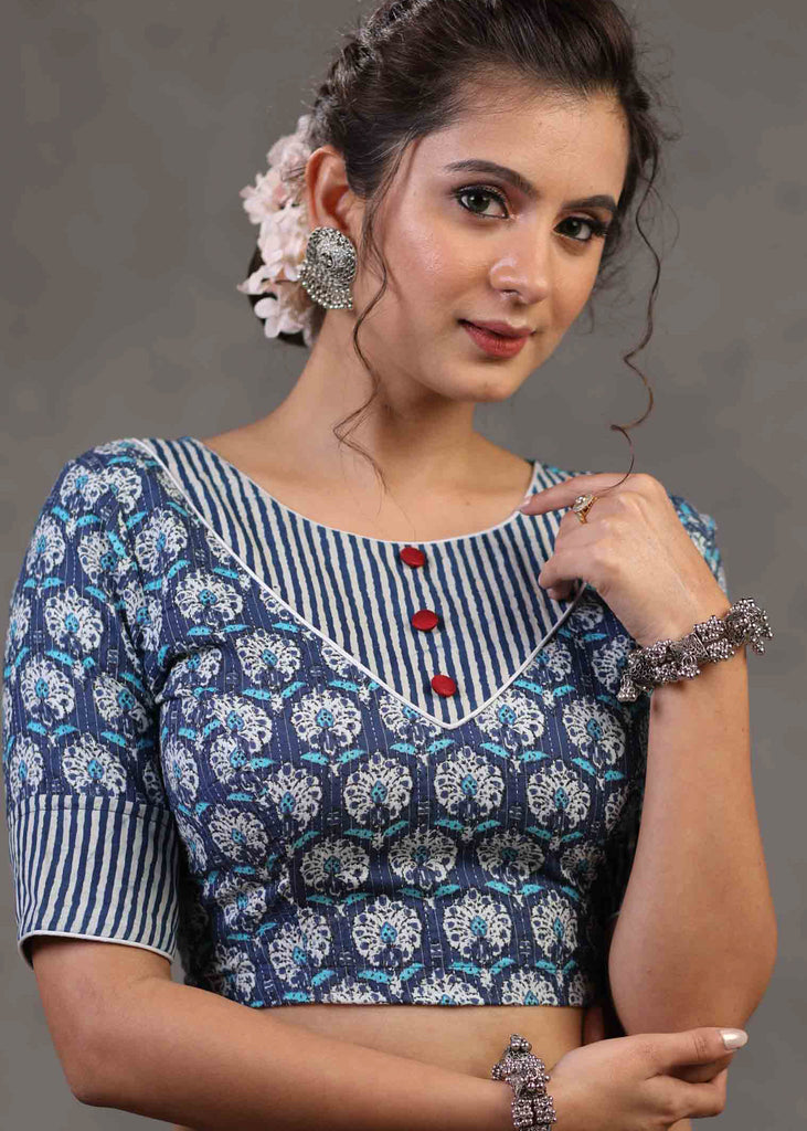 Trendy Floral Kantha Blouse with Stripes Combination on Neckline and Sleeves