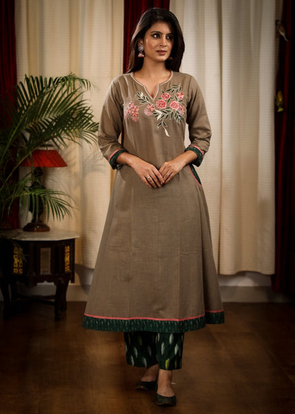 A  - line Cement Color Handloom Cotton  Kurta With Beautiful Peach Embroidery and Ikat Cuffs n Pockets
