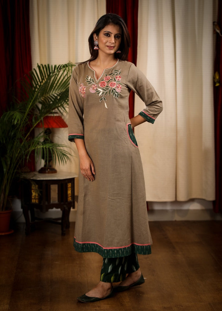 A  - line Cement Color Handloom Cotton  Kurta With Beautiful Peach Embroidery and Ikat Cuffs n Pockets
