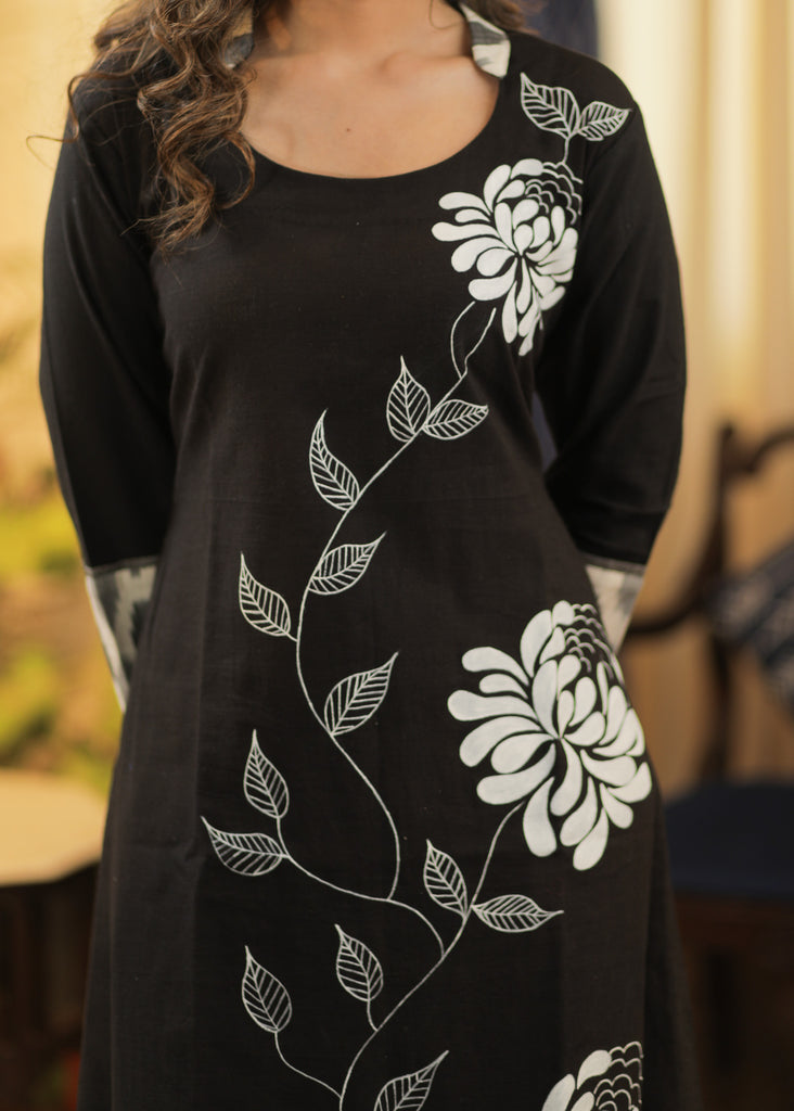 A-line Handloom Cotton Kurta with Ikat and  Exclusive Hand Painting all over