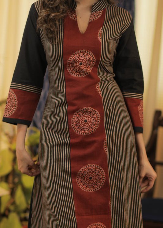 A-Line Handloom Cotton Kurta with Ajrakh combination in contrast