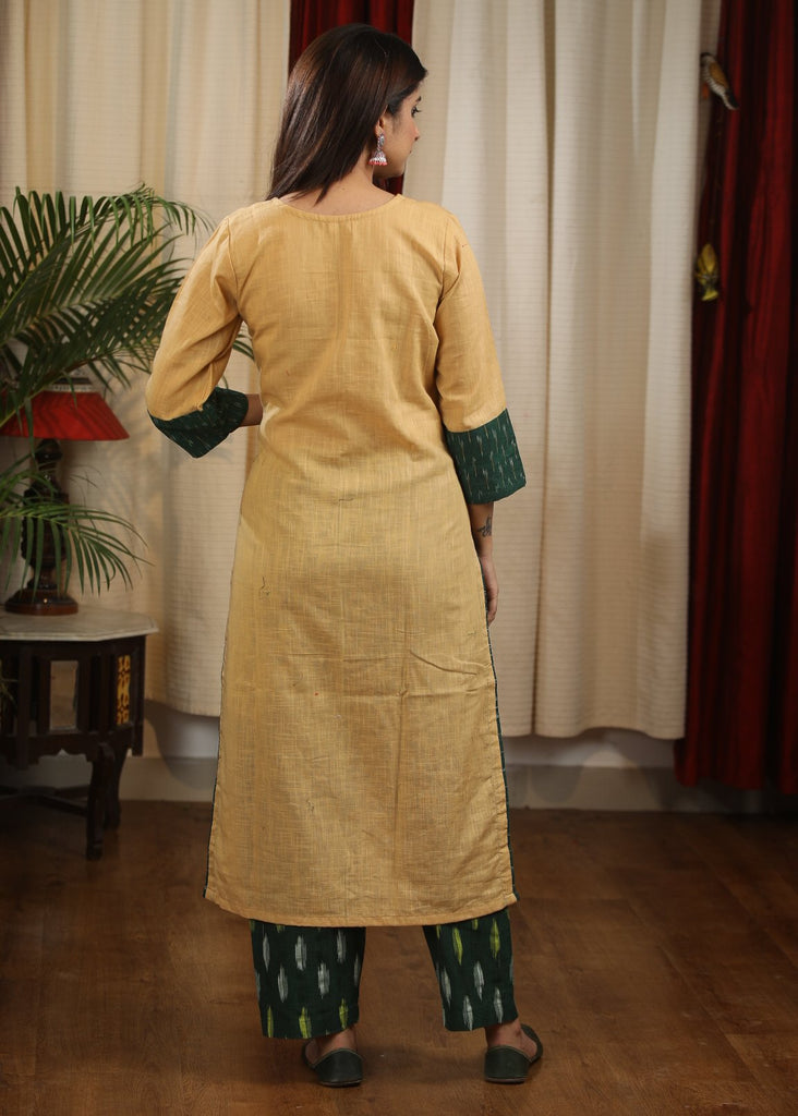 Straight Cut Biscuit Color Cotton Handloom Kurta with Exclusive Hand Painted Madhubani Art