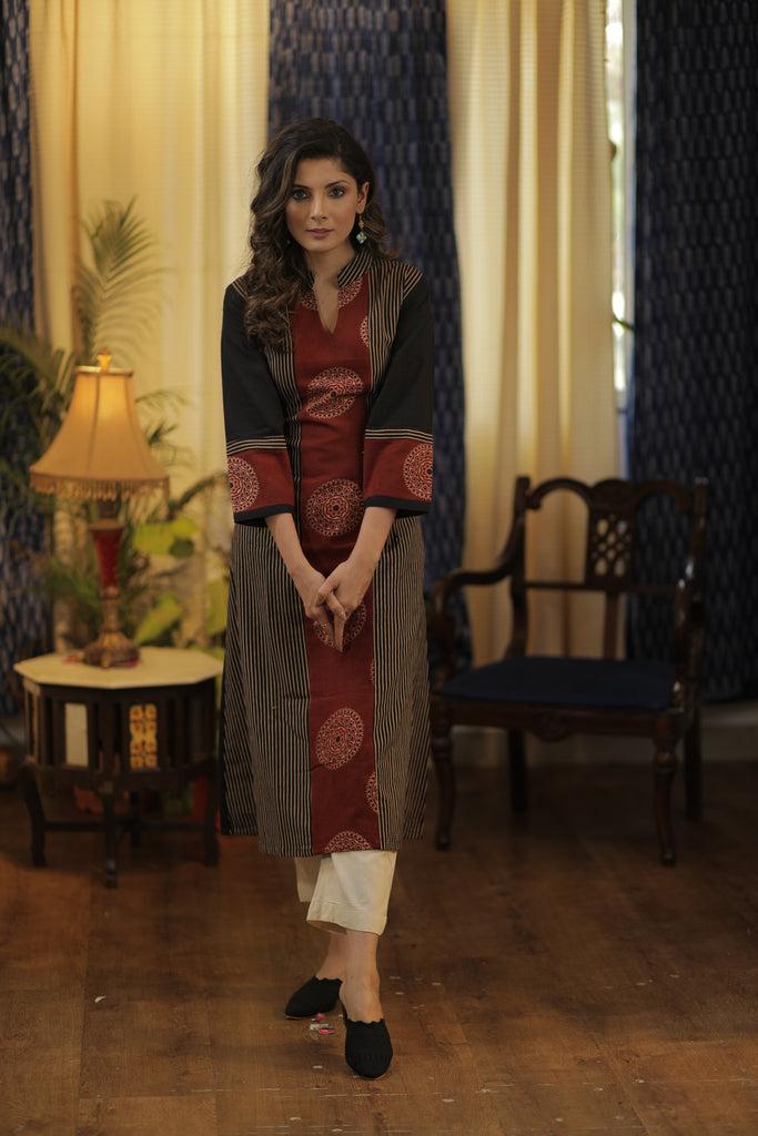 A-Line Handloom Cotton Kurta with Ajrakh combination in contrast