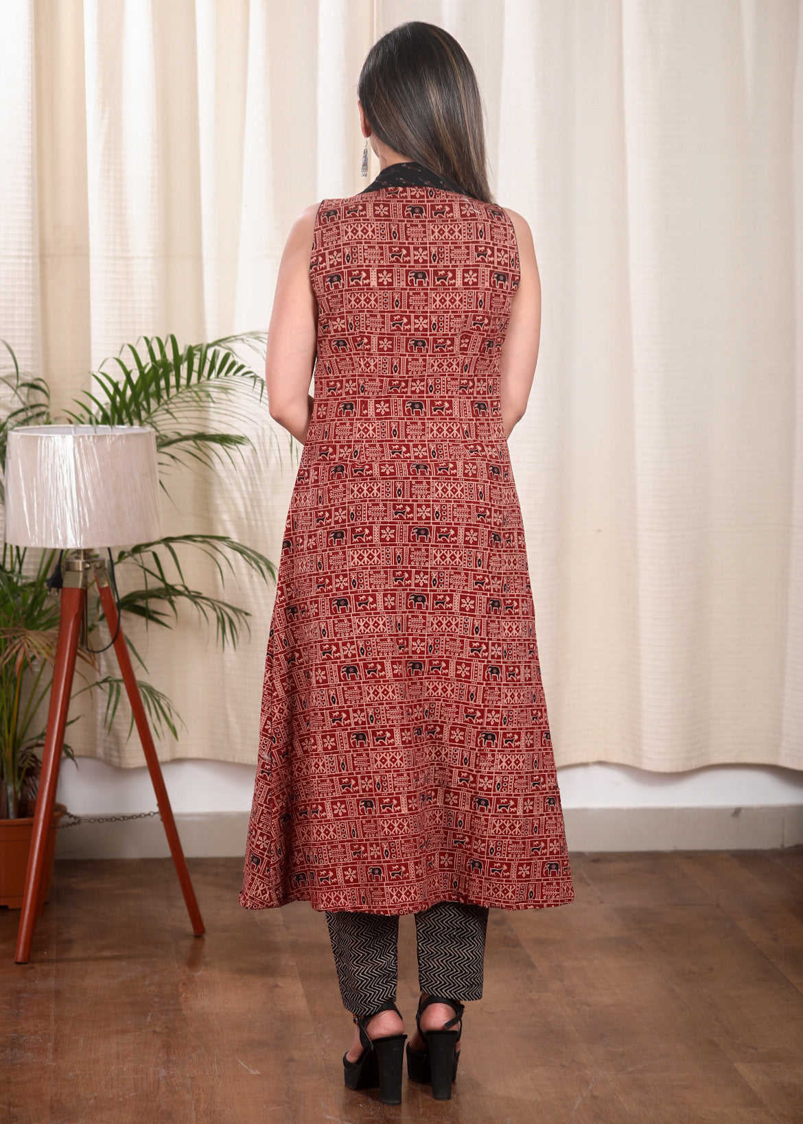 Trendy Pure Cotton Ajrakh Kurta With Ikat Neck Line and Buttons. Sleeve option can be requested as special Instruction