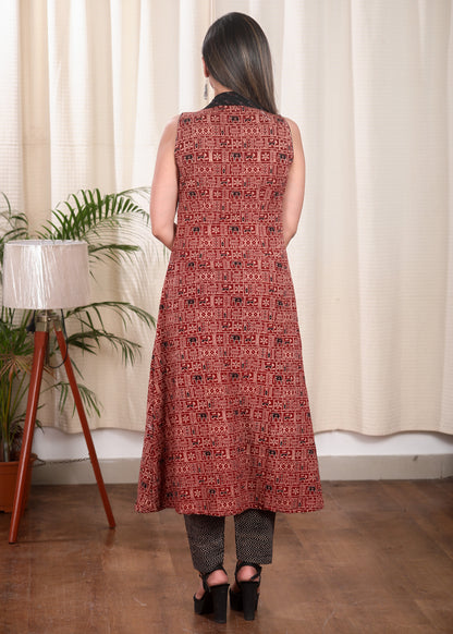 Trendy Pure Cotton Ajrakh Kurta With Ikat Neck Line and Buttons. Sleeve option can be requested as special Instruction