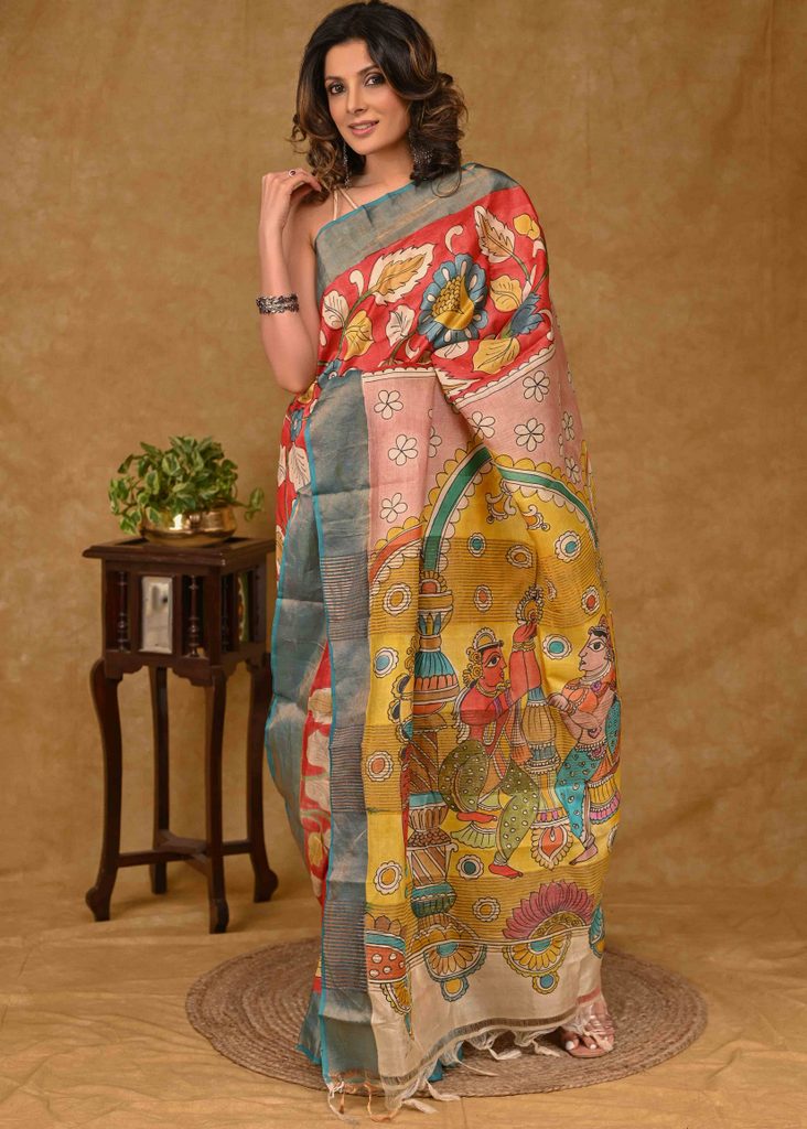 Exclusive Tussar Silk Saree with Kalamkari Painting