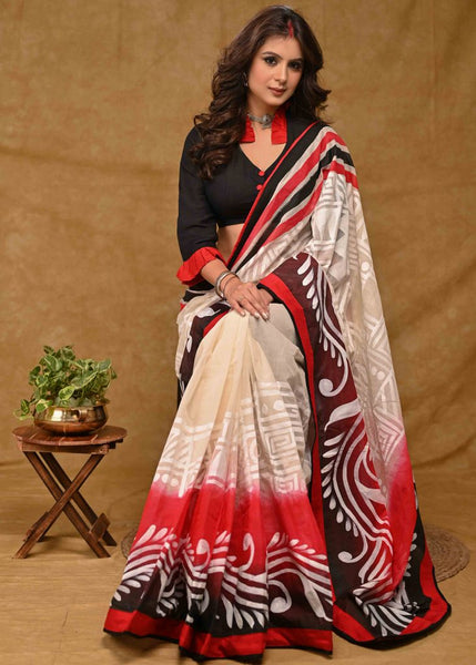 Cream Cotton Saree with Beautiful Red and Black Alpana Painting