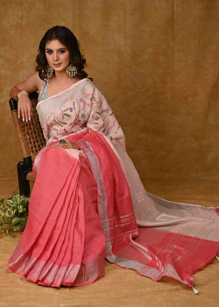 Exclusive Pink Linen Saree with Hand Embroidery and Zari Border