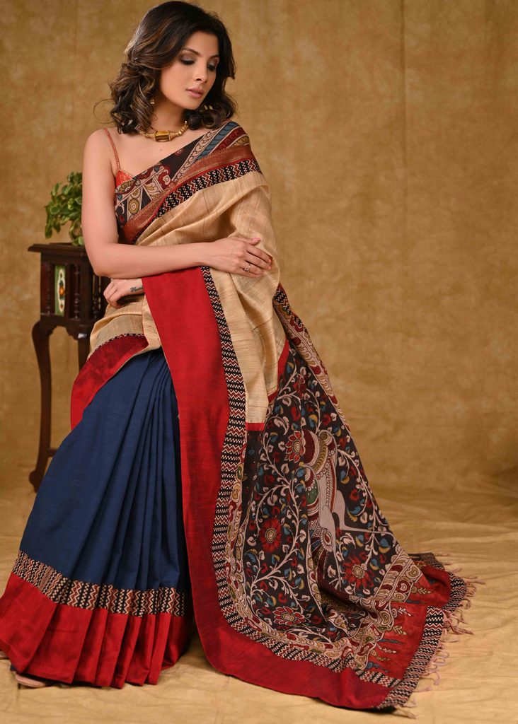 Stylish Blue Cotton Saree with Tussar Silk Pallu and Kalamkari Painting with Maroon Cotton Silk Border