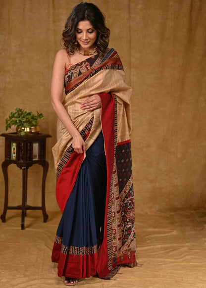 Stylish Blue Cotton Saree with Tussar Silk Pallu and Kalamkari Painting with Maroon Cotton Silk Border