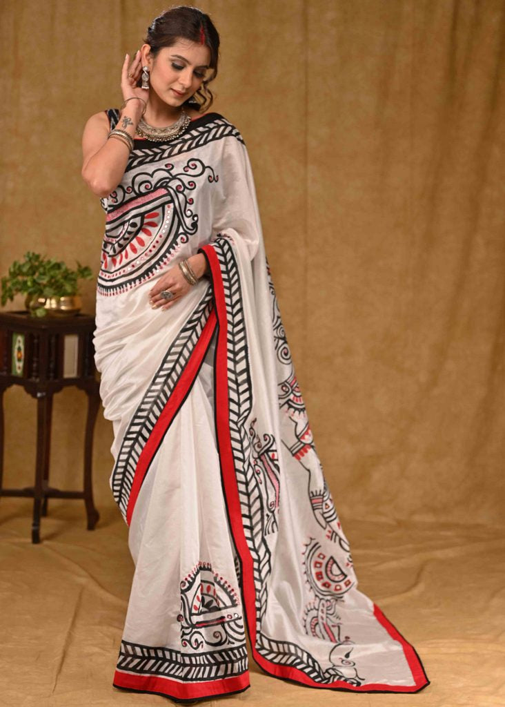 Elegant white Chanderi saree with beautiful painting and mirror work