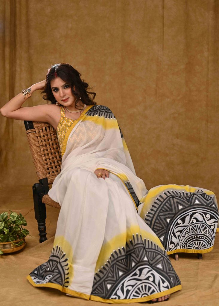 White And Yellow Chiffon Saree with Exclusive Hand painting and Yellow Cotton Silk Border