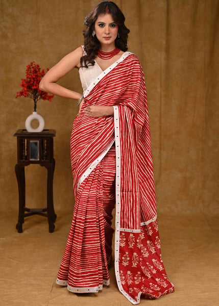 Classy Red Rayon Saree with White Satin Border and Red Embellishments