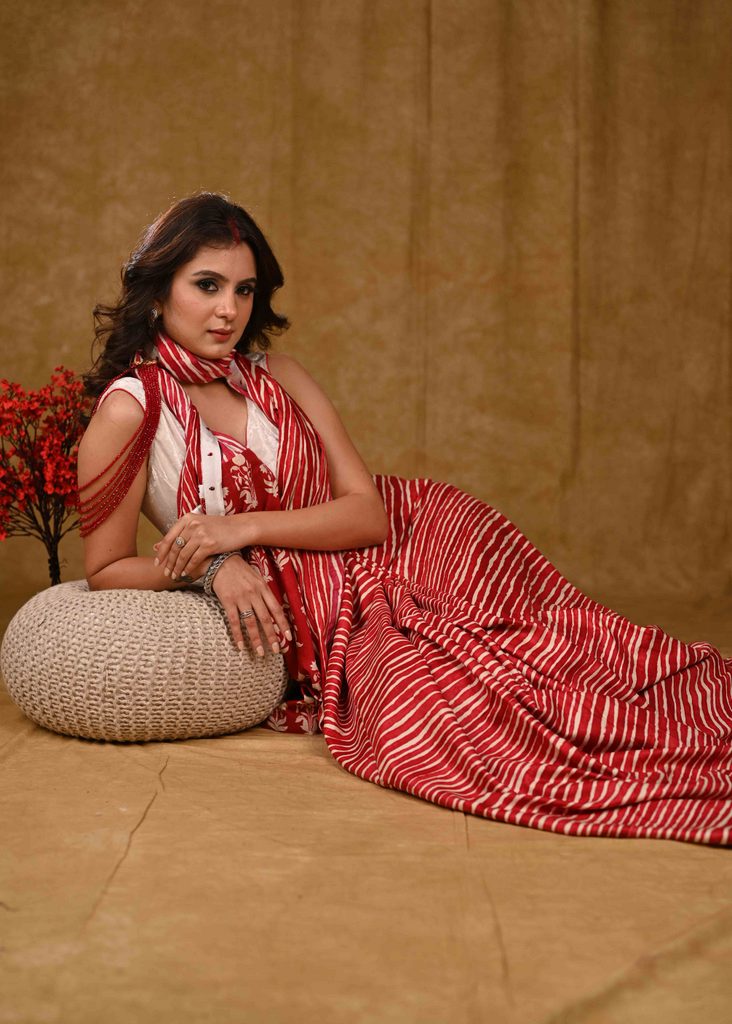Classy Red Rayon Saree with White Satin Border and Red Embellishments