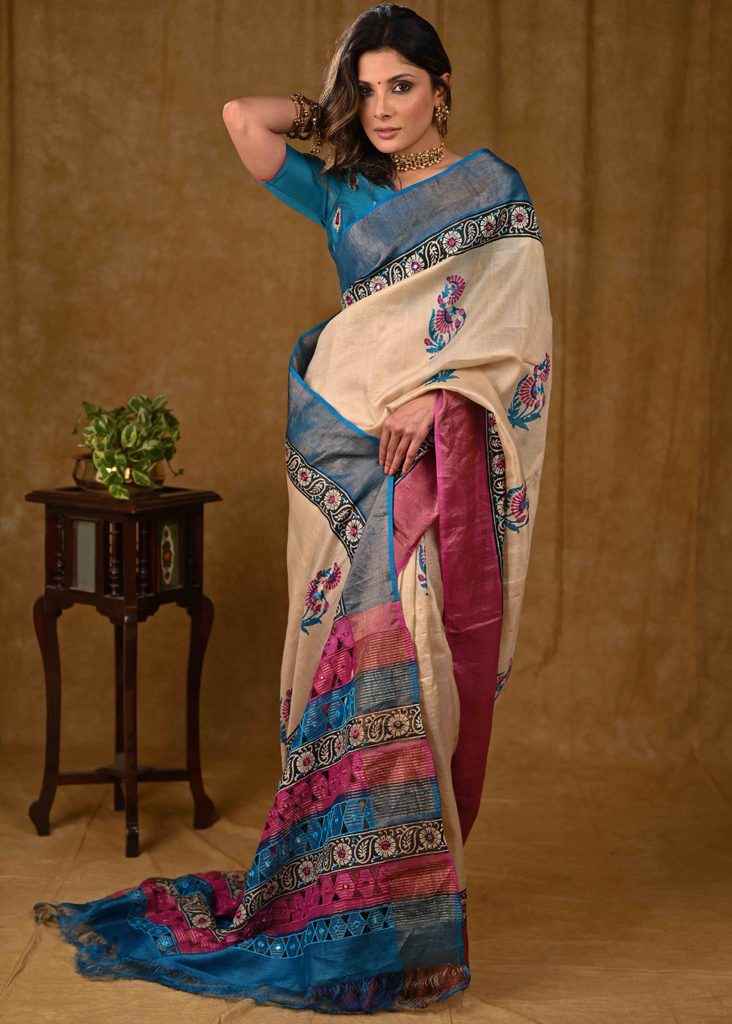 Gorgeous Beige Cutwork Tusser Silk Saree with Pink and Blue Combination