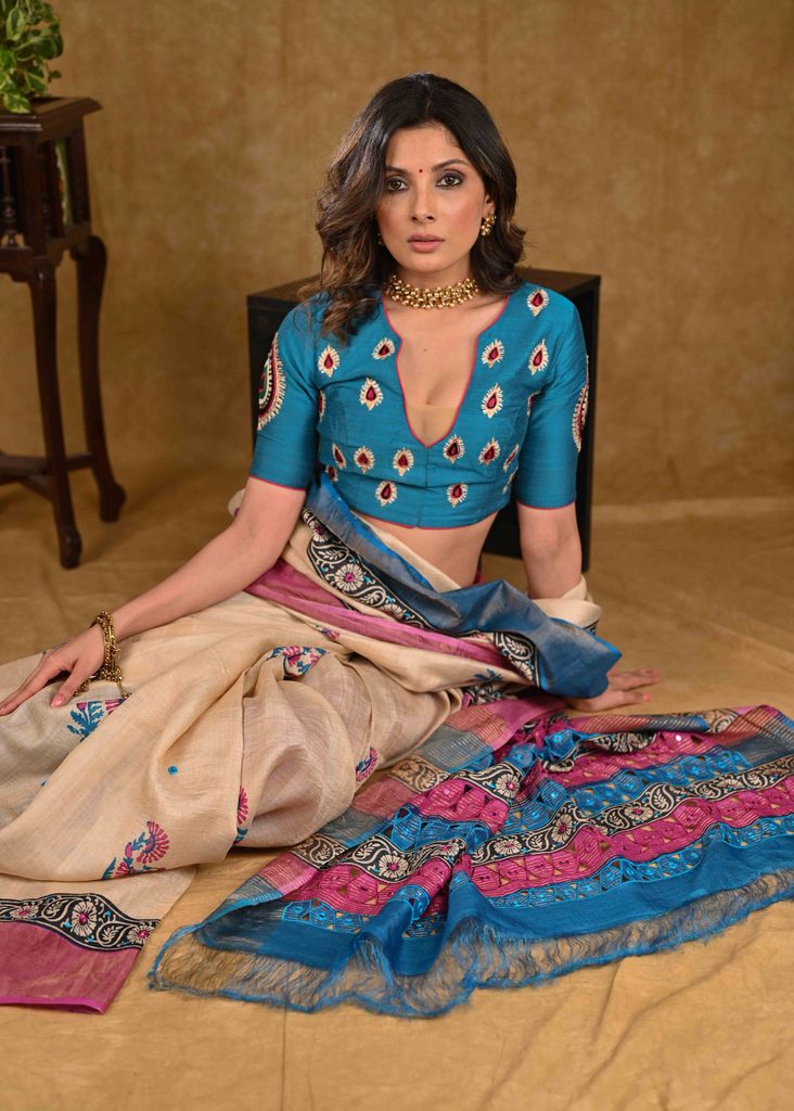Gorgeous Beige Cutwork Tusser Silk Saree with Pink and Blue Combination