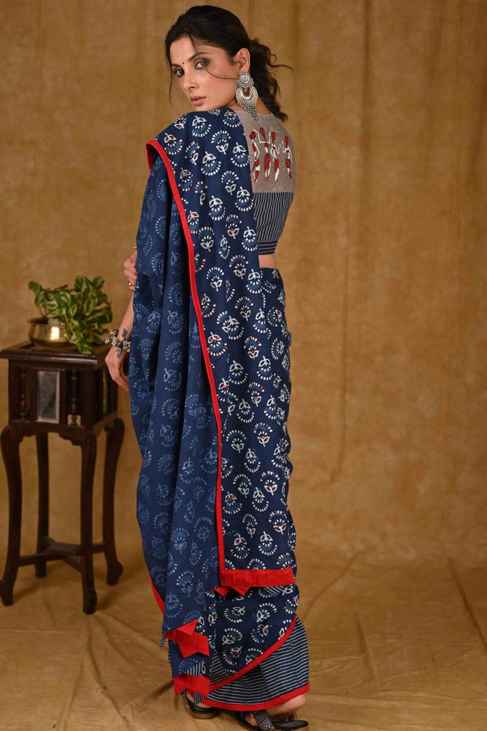 Exclusive Cotton Indigo Ajrakh Saree with Red Stone Embellishments