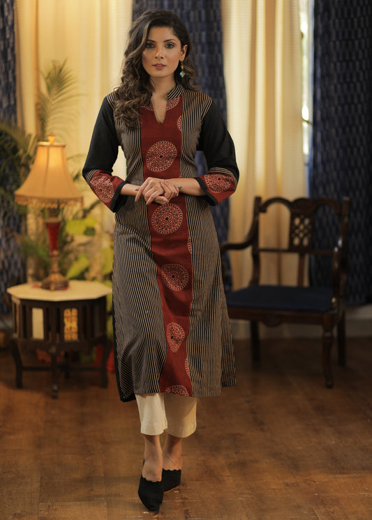 A-Line Handloom Cotton Kurta with Ajrakh combination in contrast
