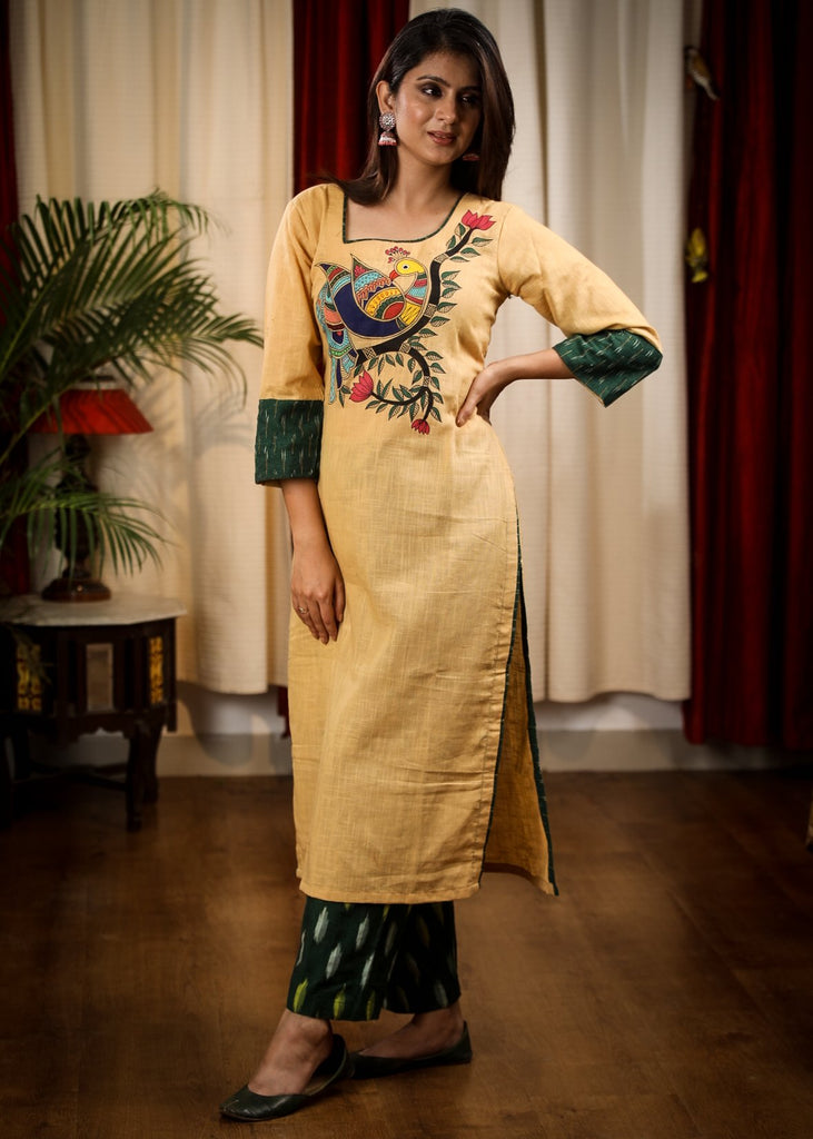 Straight Cut Biscuit Color Cotton Handloom Kurta with Exclusive Hand Painted Madhubani Art