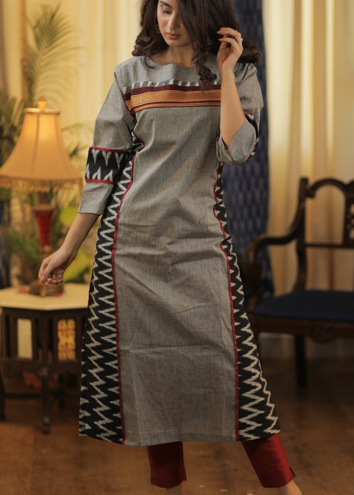 Straight cut Handloom Cotton Kurta with Ikat and Khun Border - Pant Optional