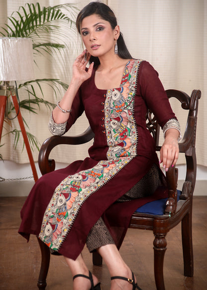 Striking Straight Cut Wine Colour Kurta With Hand Painted Madhubani Panel