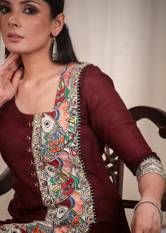 Striking Straight Cut Wine Colour Kurta With Hand Painted Madhubani Panel