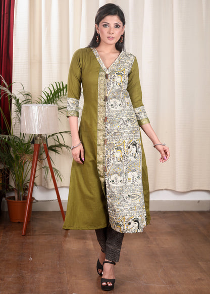A Line Cotton Mehndi Green Kurta With Classy Madhubani print and Zari Border and Wooden Beads.