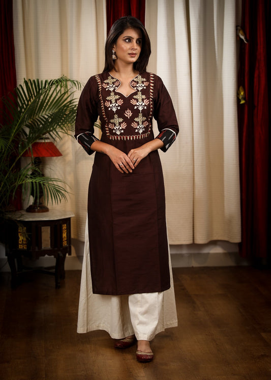 Straight Cut Coffee Brown Cotton Silk Kurta with Elegant Embroidery work