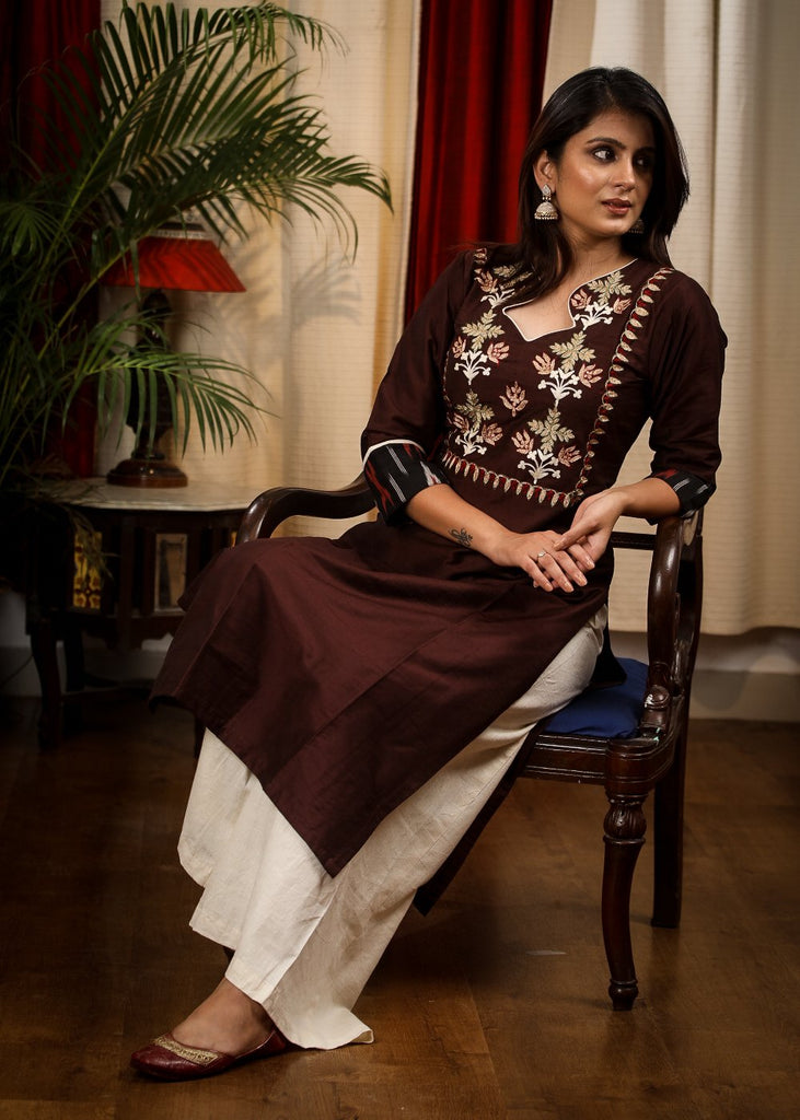 Straight Cut Coffee Brown Cotton Silk Kurta with Elegant Embroidery work