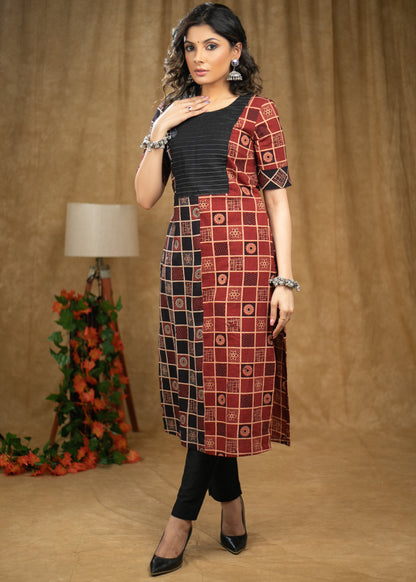 Elegant Black & Maroon cotton Ajrakh kurta with pintucks on yoke