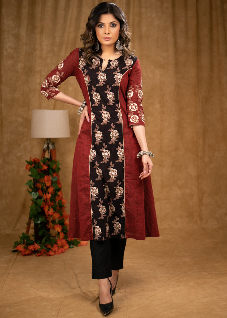 Gorgeous Rose floral cotton Ajrakh A line kurta with matching embroidery on sleeves & front.