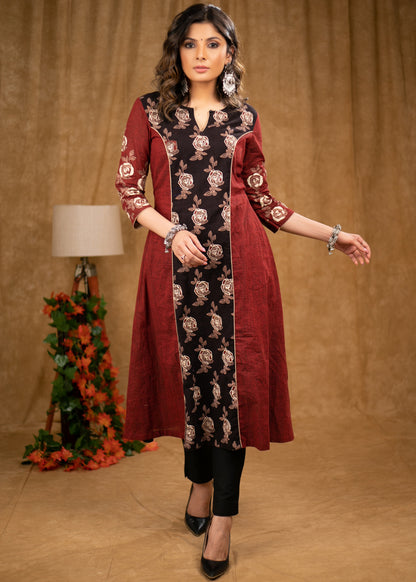 Gorgeous Rose floral cotton Ajrakh A line kurta with matching embroidery on sleeves & front.