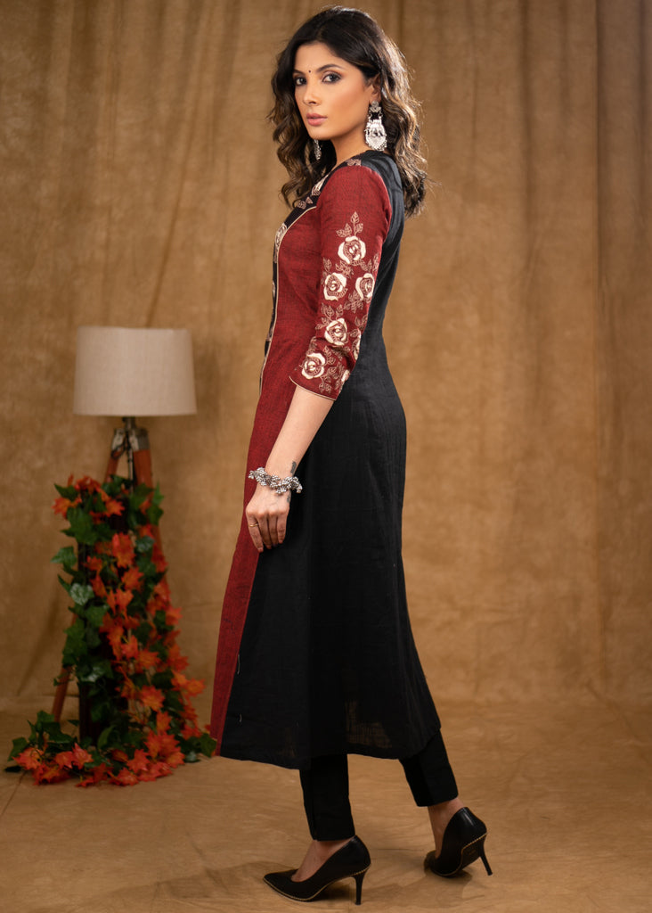 Gorgeous Rose floral cotton Ajrakh A line kurta with matching embroidery on sleeves & front.