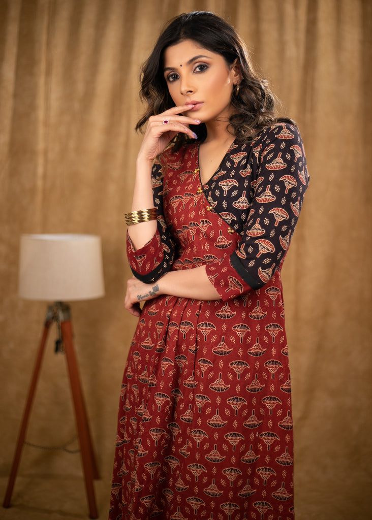 Trendy Maroon & Black Tulip Print Cotton Ajrakh A line kurta