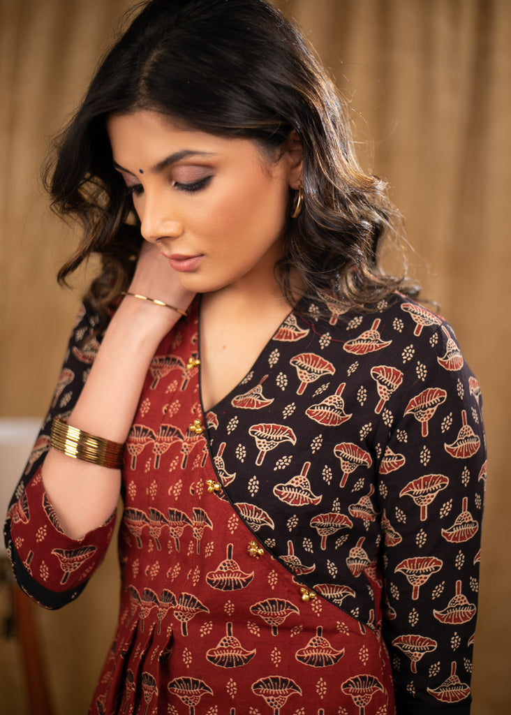 Trendy Maroon & Black Tulip Print Cotton Ajrakh A line kurta