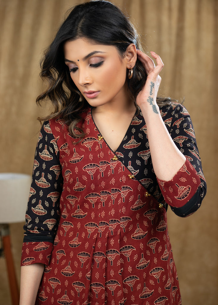Trendy Maroon & Black Tulip Print Cotton Ajrakh A line kurta - Pant Optional