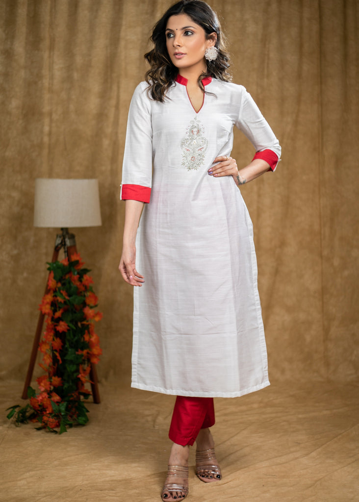 Straight Cut White Cotton silk kurta with stone embedded Handwork .