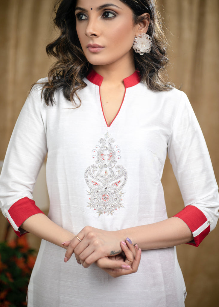 Straight Cut White Cotton silk kurta with stone embedded Handwork . - Pant Optional
