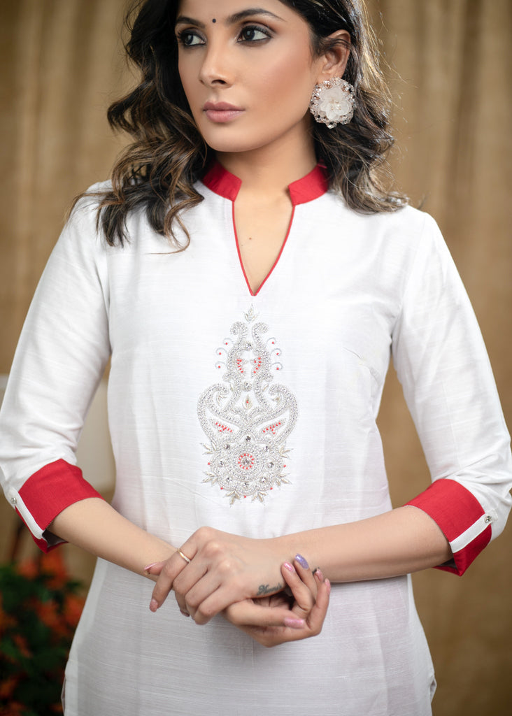 Straight Cut White Cotton silk kurta with stone embedded Handwork .