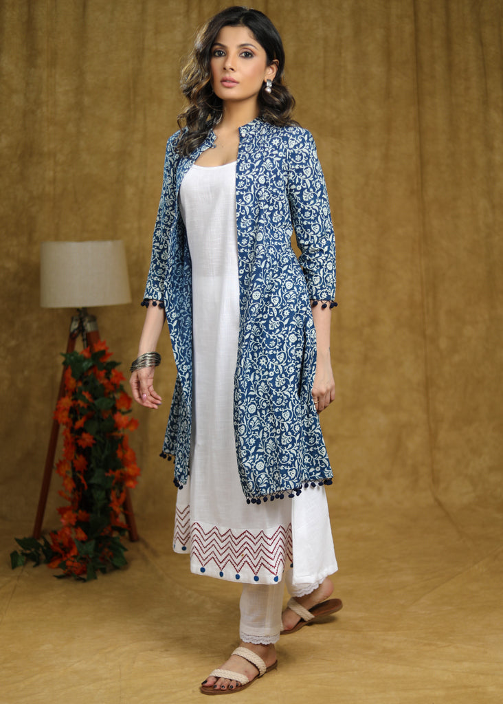 Elegant White Cotton Hand Painted Sleeveless Kurta with Indigo Jacket - Pant Optional